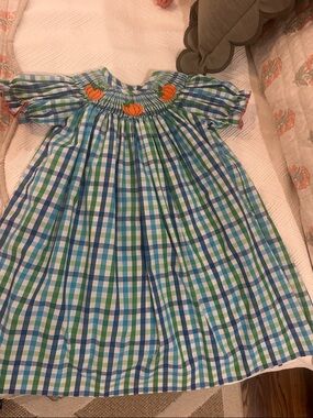 Classic Whimsy Blue and Green plaid dress with smocked pumpkins